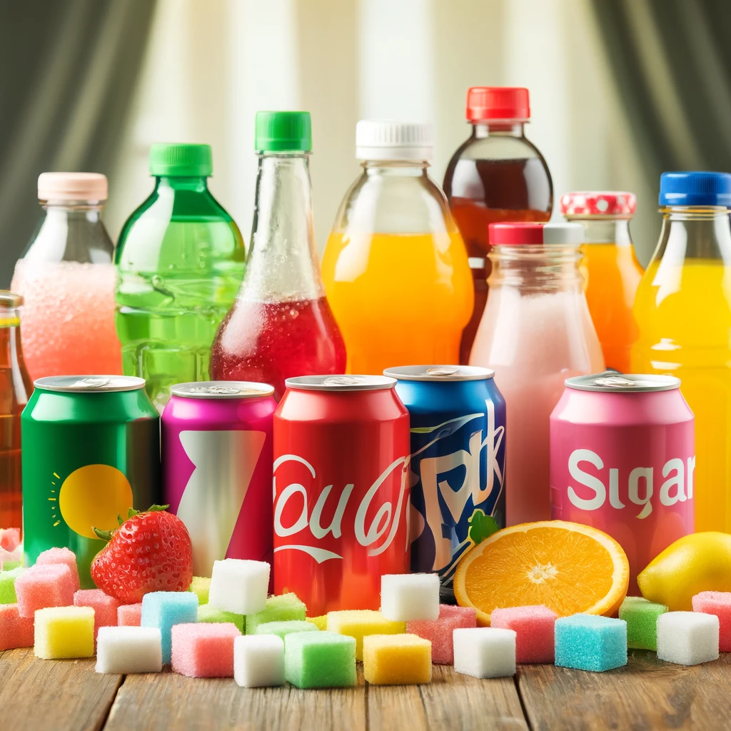 Image of sugary beverages like soda and sweetened tea with a warning about added sugars and health risks.